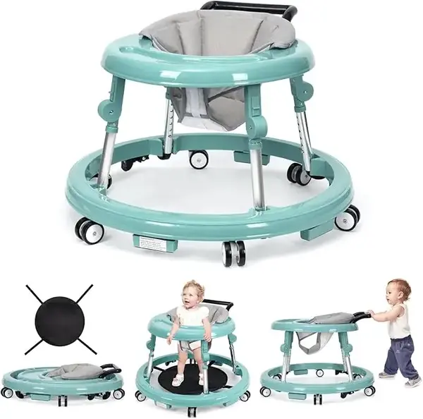Baby Walker Foldable with 9 Adjustable Heights, 6-12 Months  Baby Walkers, with Wheels Portable Anti-Rollover