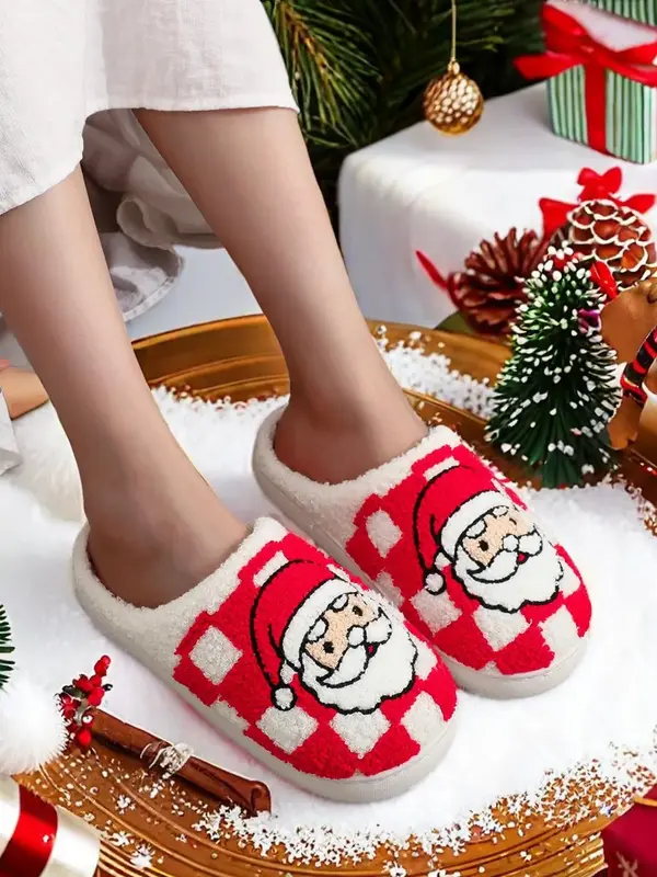 Christmas Themed Santa Claus Embroidered Plush Slippers, Casual Soft Comfortable Home Slippers for Women & Men, Fashionable S...