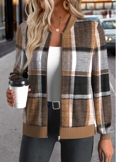 Modlily Dark Coffee Zipper Plaid Long Sleeve Stand Collar Jacket - M