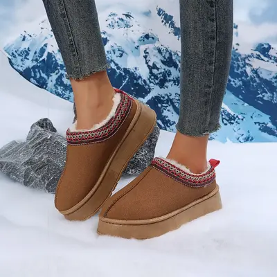 Women's Chestnut Contrast Print Suede Plush Lined Snow Boots, Girl Winter Stylish Design Footwear Comfort Shoe
