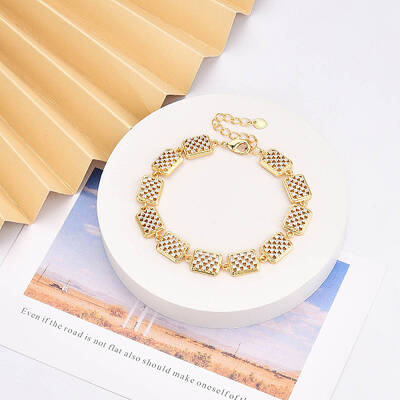 Brass Micro Pave Clear Cubic Zirconia Rectangle Link Chain Bracelets for Women