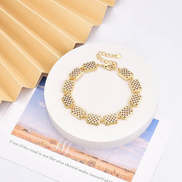 Brass Micro Pave Clear Cubic Zirconia Rectangle Link Chain Bracelets for Women