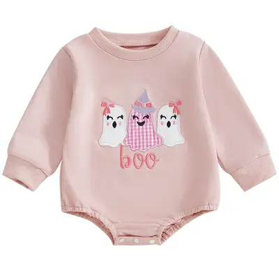 Newborn Baby Girl Fall Outfits Ghost Boo Embroidery Crewneck Long Sleeve Sweatshirt Romper Baby Girl Halloween Outfit