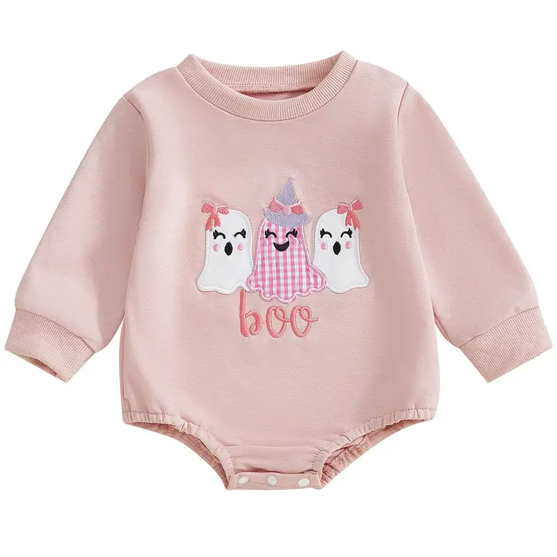 Newborn Baby Girl Fall Outfits Ghost Boo Embroidery Crewneck Long Sleeve Sweatshirt Romper Baby Girl Halloween Outfit