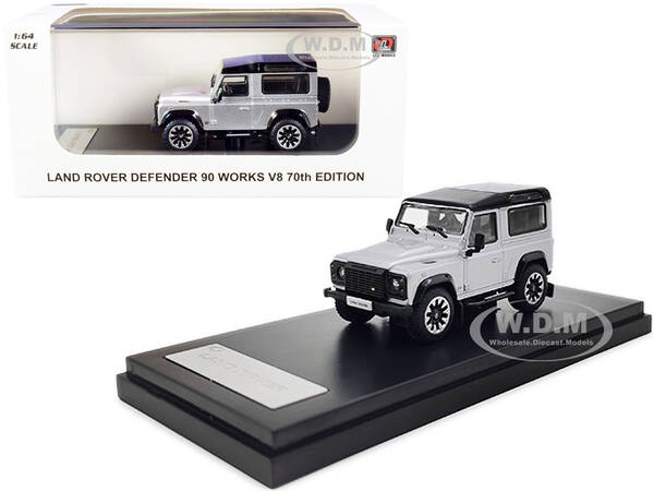 Land Rover Defender 90 Works V8 Silver Metallic with Black Top 70th Edition 1/64 Diecast Model Car by LCD Models