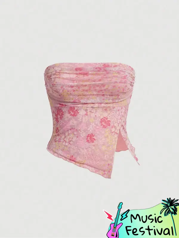 Women's Floral Print Asymmetrical Ruched Crop Tube Top, Casual 2000s Y2K Split Hem Backless Sleeveless Top for Summer, Bandea...