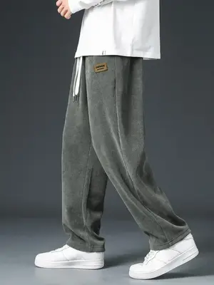 Men's Plain Drawstring Waist Corduroy Pants, Drippy Outfits, Casual Letter Patched Straight Leg Trousers for Outdoor, Nationa...