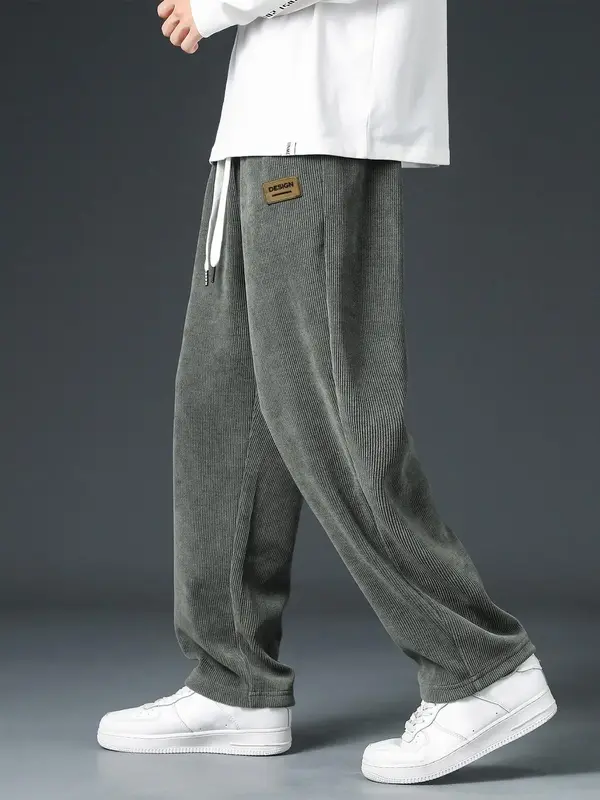 Men's Plain Drawstring Waist Corduroy Pants, Drippy Outfits, Casual Letter Patched Straight Leg Trousers for Outdoor, Nationa...