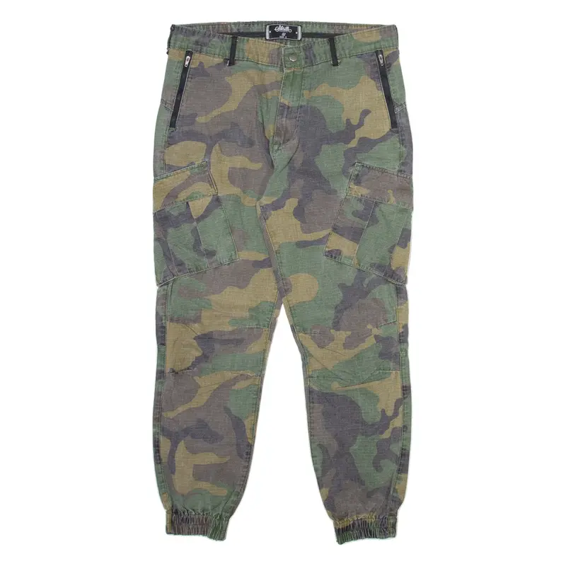 SIKSILK Camo Cargo Mens Trousers Green Relaxed Straight W32 L26