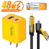 48W Fast Charger Set, Quick Charge Adapter with 6.6ft 4-in-1 USB A+C Data Sync Fast Charging Cable For iPhone 17/16/15/14/13/...