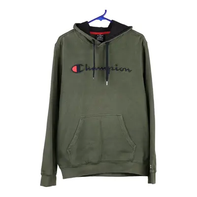 Champion Spellout Hoodie - Large Khaki Cotton Blend