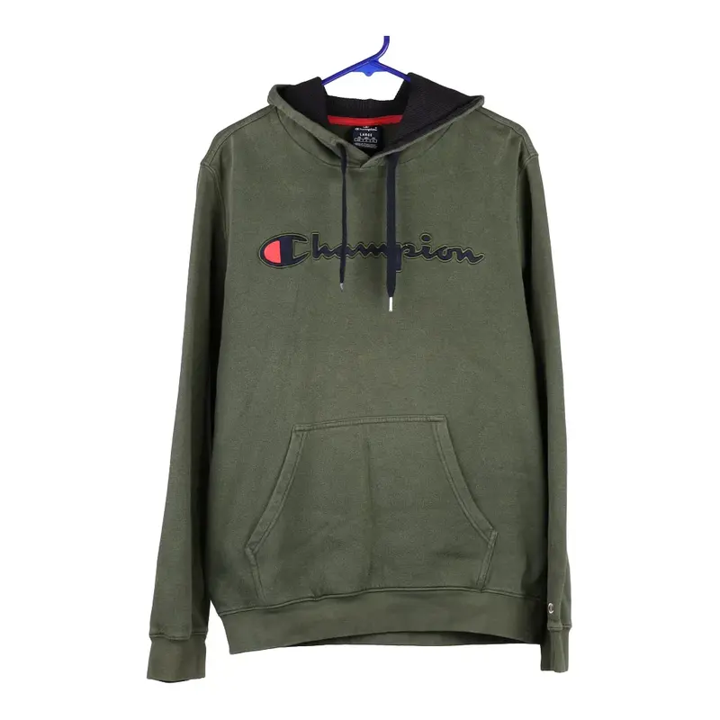 Champion Spellout Hoodie - Large Khaki Cotton Blend