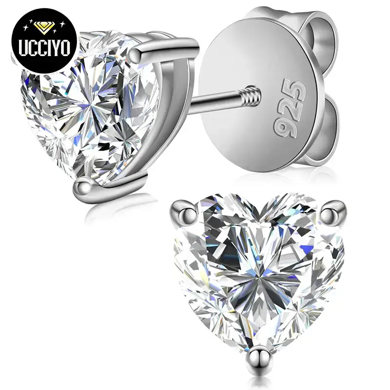 【#E77】925 Sterling Silver Heart Shape Synthetic Moissanite Stud Earrings For Women