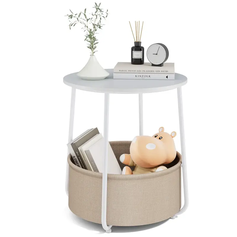 Small Round Side End Table, Modern Nightstand Bedside Table with Fabric Basket for Bedroom, Living Room, Side Table with Stee...