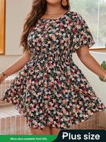 【Plus Size】Ditsy Floral Print Dress, Bohemian Casual Short Sleeve Round Neck Dress for Daily Wear, Women's Plus Clothing ...