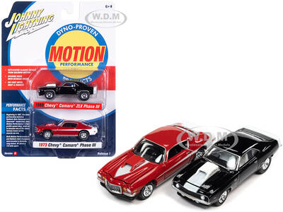1969 Chevrolet Camaro ZLX Phase III Black with White Stripes and 1973 Chevrolet Camaro Phase III Medium Red and White Baldwin...