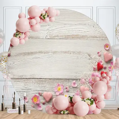 Aperturee Pink Floral Round White Wood Birthday Backdrop