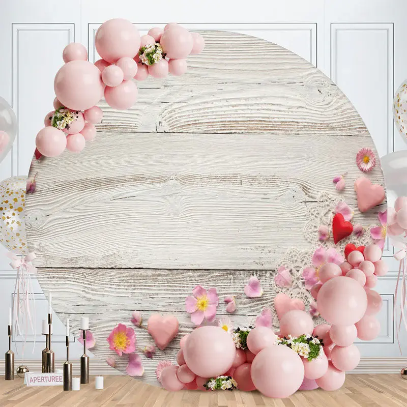 Aperturee Pink Floral Round White Wood Birthday Backdrop
