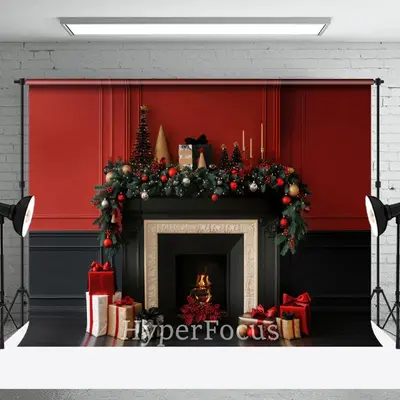 Red Black Vintage Wall Fireplace Christmas Backdrop - Aperturee