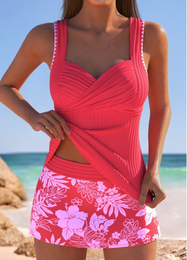 Modlily Mid Waisted Floral Print Coral Tankini Set - XXL