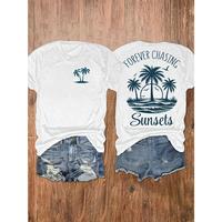 Women's Tropical Sunset Graphic Tee Casual Round Neck Short Sleeve T-Shirt with \