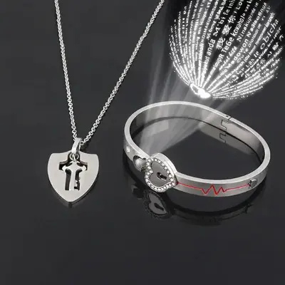 Heart Lock Bracelet & Key Necklace Set with I Love You In 100 Languages - The Cutest Gift For Them Only Suitable For Wris...