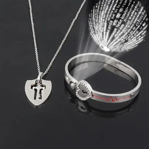 Heart Lock Bracelet & Key Necklace Set with I Love You In 100 Languages - The Cutest Gift For Them Only Suitable For Wris...