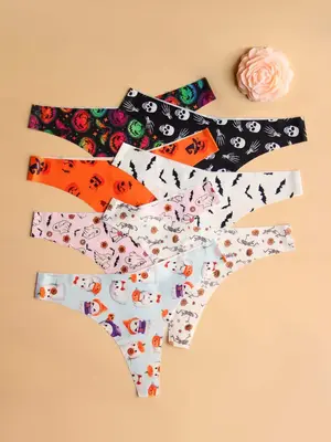 Women's Graphic Print Womenswear Seamless Thong, Soft Comfy Breathable Halloween Drop Waist Panties for Fall Daily Wear, Fall...
