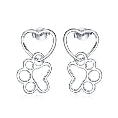 Sterling Silver Paw & Heart Drop Earrings