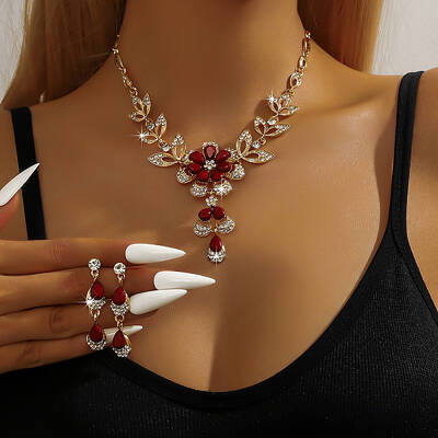 Alloy Rhinestone Stud Earrings & Necklaces Sets for Women