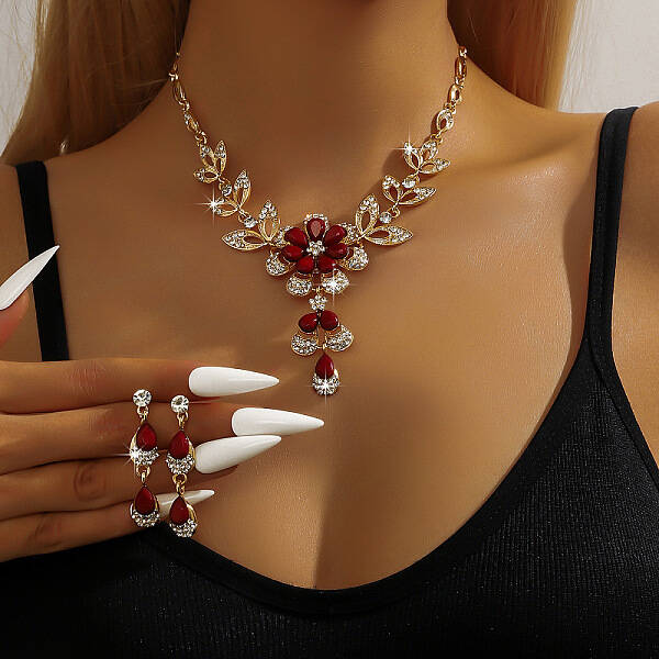 Alloy Rhinestone Stud Earrings & Necklaces Sets for Women