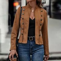 ChicMe Women's Faux Suede Stand Collar Jacket Open Front Button Decor Casual Coat