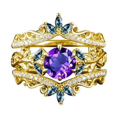 10K Gold Round Cut Custom Bridal Set Vintage Leaf Wedding Bridal Anniversary Proposal Ring Set