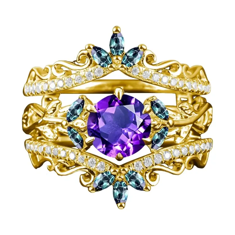 10K Gold Round Cut Custom Bridal Set Vintage Leaf Wedding Bridal Anniversary Proposal Ring Set