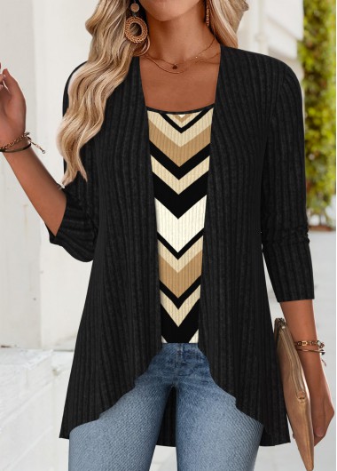 Modlily Black Tummy Coverage Geometric Print Fake Two Piece Twinset - L