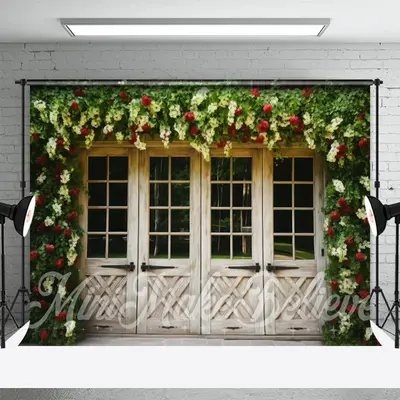 Wooden Doors And Creeper Flowers Spring Backdrop - Aperturee