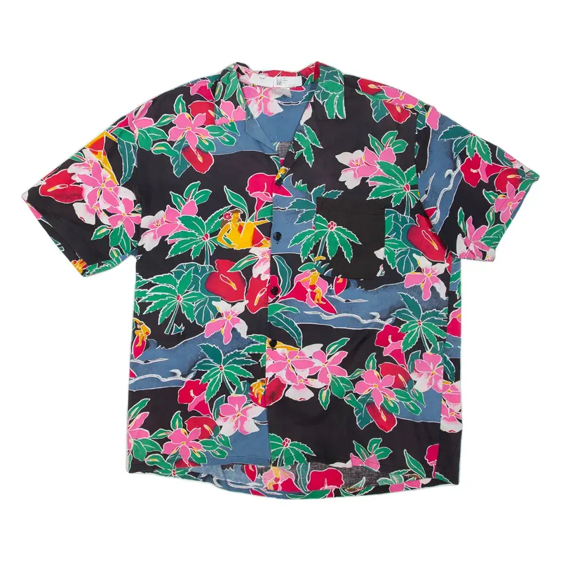 Mens Hawaiian Shirt Black Floral XL