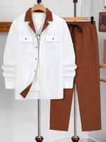 Men's Solid Button Front Shirt & Drawstring Waist Pants Set, Regular Fit Long Sleeve Lapel Neckline Top & Pocket Trousers,  M...