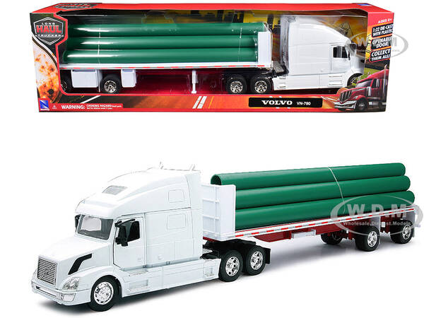 Volvo VN-780 Truck with Flatbed Trailer and Long Pipes White \