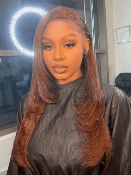 [$17 Limited!] 13x4 Lace Front Wig Chocolate Brown Feathered Layered Cut Straight Hair