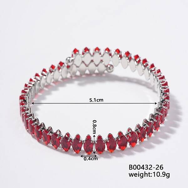Elegant Brass Pave FireBrick Cubic Zirconia Rhombus Open Cuff Bracelet for Women