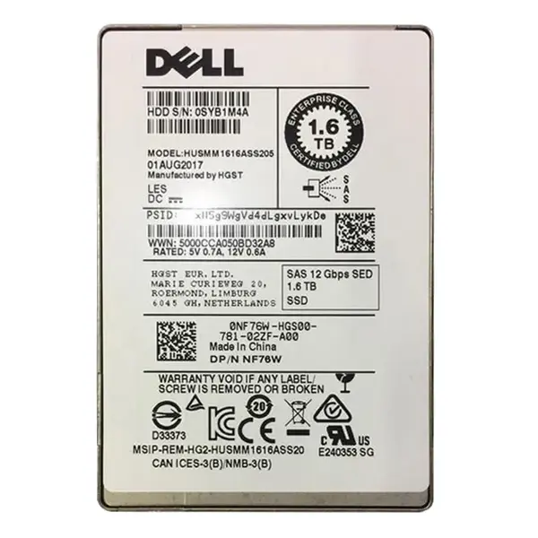 Dell NF76W | 1.6TB SAS 12Gb/s Hot-Pluggable Mixed Use (512n) (SED) 2.5-Inch Solid State Drive for PowerEdge and PowerVault Se...