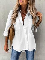 Women's Plain Button Front Pocket Shirt, Casual Long Sleeve Collared Top for Daily Wear, Ladies Clothes for All Seasons, Clot...