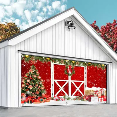 Aperturee Red Wood Barn Door Pine Leaves Garage Door Banner
