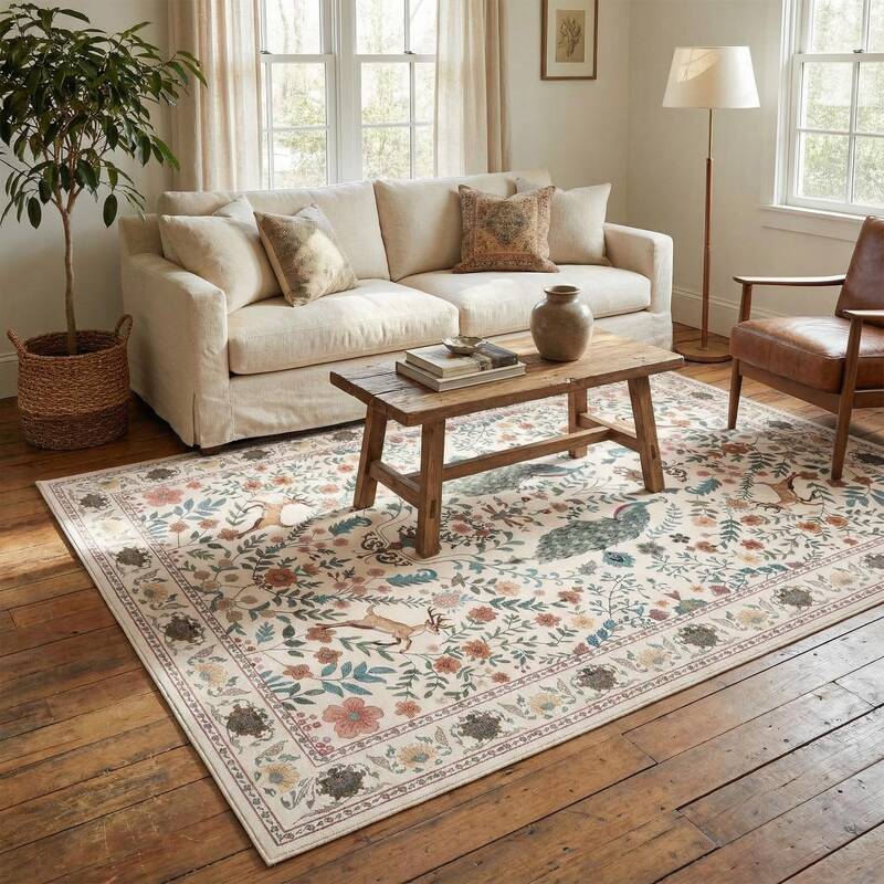Garvee 9x12 Washable Area Rug, Non-Slip Floral Animal Print Rug with Peacock & Deer, Soft Low Pile Stain-Resistant Carpet for...
