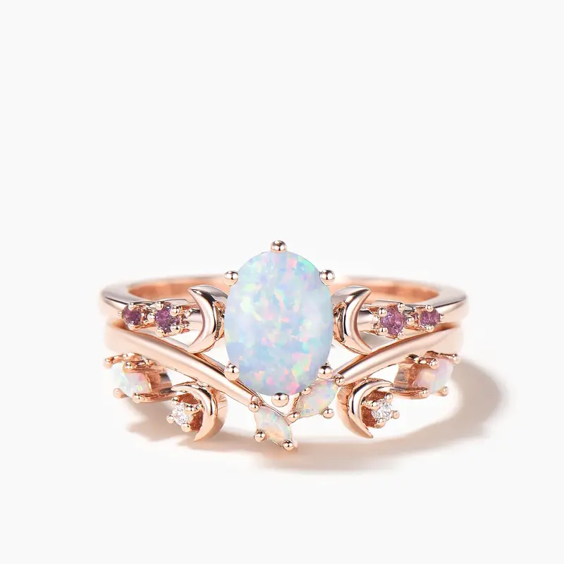 Oval Cut White Opal Engagement Ring Crescent Moon Wedding Bridal Set