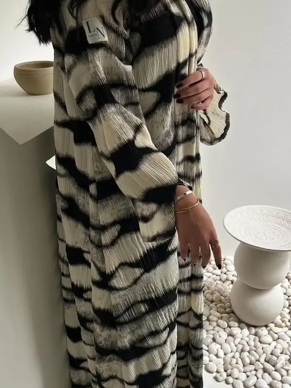 Women's Tie Dye Print Shirred Abaya, Casual Split Long Sleeve Open Front Muslim Robe for Daily Wear, Ladies Islamic Clothing ...