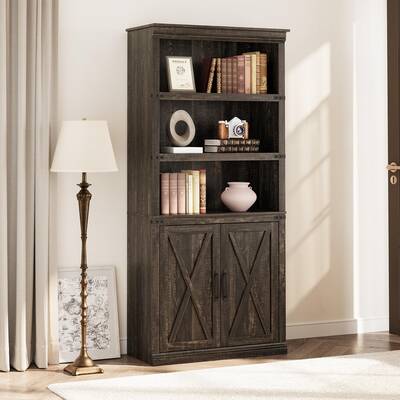 Garvee Farmhouse Bookcases and Bookshelves With Doors, 70 Inch Tall Bookshelf, 5 Tier Bookshelf With Storage, Wooden Bookshel...
