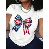 1pc Patriotic American Flag Bow Design Women's T-Shirt - Made in USA, Machine Washable Casual Round Neck Short Sleeve Top for...