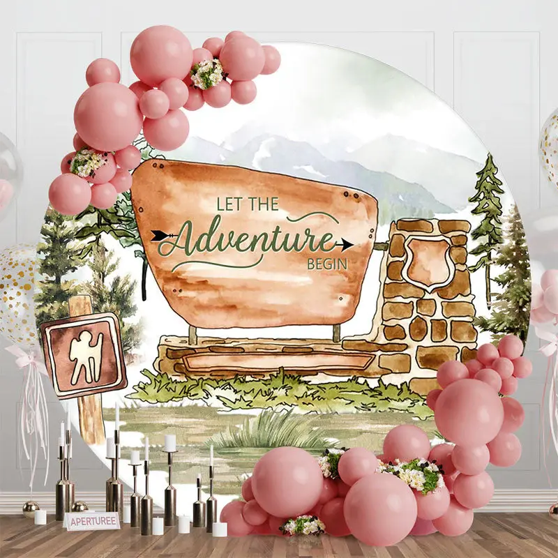 Grass Tree Mountains Round Baby Shower Backdrop - Aperturee